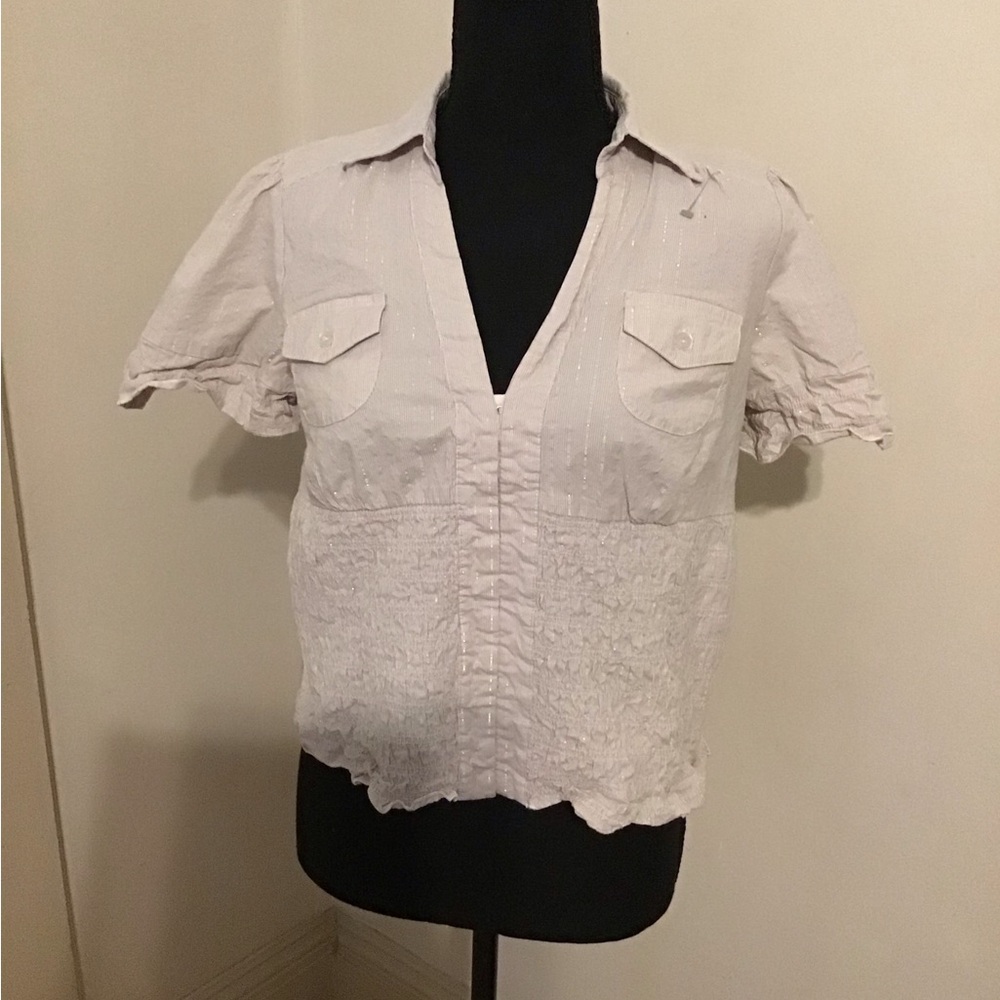 Byer California Light Beige Textured Blouse With Gold Stripes